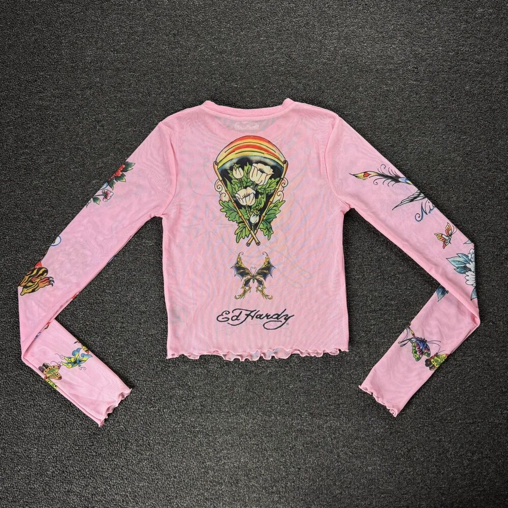 Ed Hardy X Siberia Halls Pink Mesh Tattoo Long Sleeve Top Size Sm Y2K Sheer - Picture 2 of 15